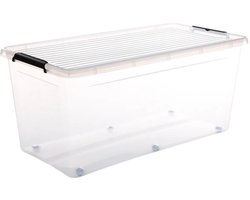 5Five opberg kist met deksel - Clip Box - 75 liter - 76 x 39 x 35 cm - kunststof - transparant - met wielen