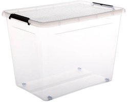 5Five opberg kist met deksel - Clip Box - 80 liter - 58 x 39 x 43 cm - kunststof - transparant - met wielen