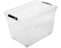5Five opberg kist met deksel - Solutions Box - 100 liter - 67 x 48 x 46 cm - kunststof - transparant - met wielen
