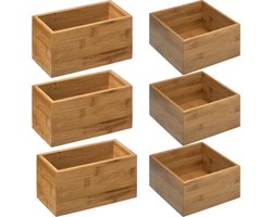 5Five - Opbergkistjes/lade organizers bamboe - 6x stuks - 18x18x9,5 cm en 18x9.5 cm