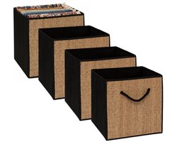 5Five opbergmand kastmand - 4x - jute/karton - beige/zwart - 31 x 31 x 31 cm - hengsel touw - Vakkenkast manden