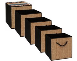 5Five opbergmand kastmand - 5x - jute/karton - beige/zwart - 31 x 31 x 31 cm - hengsel touw - Vakkenkast manden