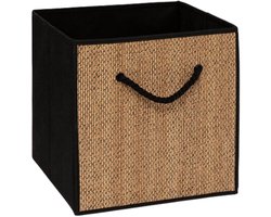 5Five opbergmand kastmand - jute/karton - beige/zwart - 31 x 31 x 31 cm - hengsel touw - Vakkenkast manden