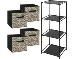 5Five Opbergrek Smartrack - met 4x mandjes stof - zwart/creme - 34 x 98 cm