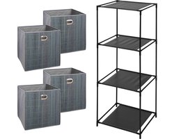 5Five Opbergrek Smartrack - met 4x mandjes stof/bamboe - grijs - 34 x 98 cm
