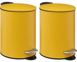 5Five Pedaalemmer - 2x - mosterd geel - metaal - 3L - 23 cm - soft close - voor badkamer en toilet
