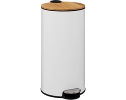 5Five prullenbak/pedaalemmer Bamboe - wit - metaal - 30 liter - 38 x 29 x 60 cm - keuken