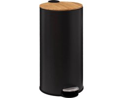 5Five prullenbak/pedaalemmer Bamboe - zwart - metaal - 30 liter - 38 x 29 x 60 cm - keuken
