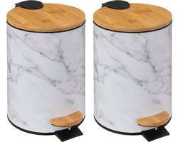 5Five Prullenbak/pedaalemmer Marmer look - 2x - wit - 3 liter - metaal/bamboe - 17 x 25 cm - soft close