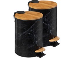 5Five Prullenbak/pedaalemmer Marmer look - 2x - zwart - 3 liter - metaal/bamboe - 17 x 25 cm - soft close