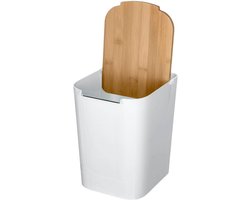 5Five prullenbak/vuilnisbak - 5 liter - bamboe - wit/lichtbruin - 24 x 19 cm - badkamer afvalbak