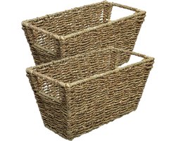 5Five Rieten opbergmand - 2x - gevlochten - beige/zwart - 31 x 15 x 15 - Kast-/badkamer mandjes