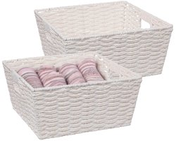 5Five Rieten opbergmand - 2x - gevlochten - wit - 31 x 31 x 15 - Kast-/badkamer mandjes - metaal/kunststof