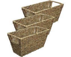 5Five Rieten opbergmand - 3x - gevlochten - beige/zwart - 31 x 15 x 15 - Kast-/badkamer mandjes