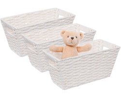 5Five Rieten opbergmand - 3x - gevlochten - wit - 31 x 15 x 15 - Kast-/badkamer mandjes - metaal/kunststof