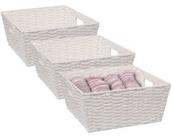 5Five Rieten opbergmand - 3x - gevlochten - wit - 31 x 31 x 15 - Kast-/badkamer mandjes - metaal/kunststof