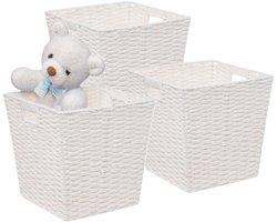 5Five Rieten opbergmand - 3x - gevlochten - wit - 31 x 31 x 31 - Kast-/badkamer mandjes - metaal/kunststof