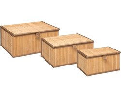 5Five Set van 3x bamboe opbergdozen - met deksel - rechthoek - bruin - Kast-/badkamer mandjes - verschillende formaten