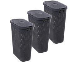 5Five Smalle Wasmand met deksel Rotan - 3x - donkergrijs - gevlochten kunststof - 40 liter - 26 x 46 x 60 cm
