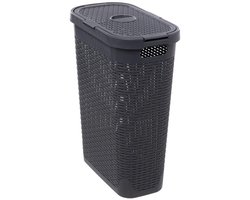 5Five Smalle Wasmand met deksel Rotan - donkergrijs - gevlochten kunststof - 40 liter - 26 x 46 x 60 cm
