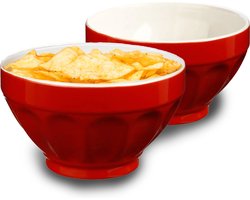5Five Soepkommen/schaaltjes - 2x - Colorama - keramiek - D14 x H9 cm - rood - Stapelbaar - Ribbels decoratie