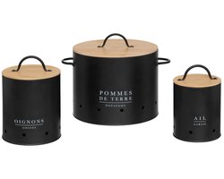 5Five Uien/Aardappelen/Knoflook bewaar potten/blikken set - metaal/bamboe - zwart - 22 x 28 cm