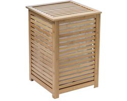5Five Wasmand Bamboe hout - Met waszak - 65 liter - 40 x 38 x 58 cm - lichtbruin - met deksel