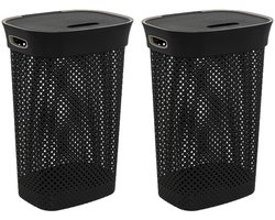 5Five Wasmand met deksel Rotan - 2x - antraciet - gevlochten kunststof - 60 liter - 42 x 33 x 61 cm - Badkamer accessoires
