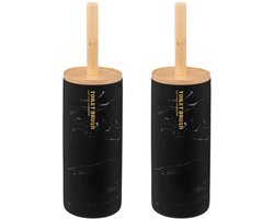 5Five WC- 2x -/toiletborstel met houder - zwart met marmer effect - kunststeen/bamboe - 38 cm