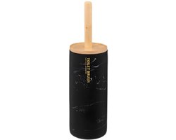 5Five WC-/toiletborstel met houder - zwart met marmer effect - kunststeen/bamboe - 38 cm