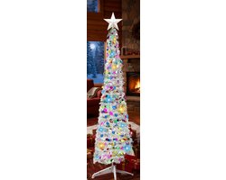 5ft Pop-Up Kunstkerstboom met Lametta & 50 Meer kleurige LED Verlichting – Slanke Kerstboom met Timer, Ster en Decoraties – Inklapbare Voorverlichte Kunstboom voor Binnen – Ruimtebesparend & Snel Op te Zetten – Medahomestore