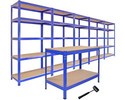 5x T-Rax rek + werkbank set 200kg/plank blauw staal garage schuur stelling bundel