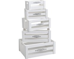 5x Witte houten opberg fruitkistjes/kratten - Home Sweet Home - mix assortie maten - Houten kisten/kratjes - Opbergers