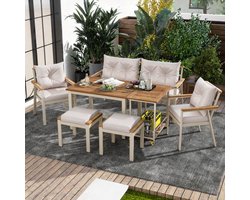 6-7 persoons patio eettafel en stoelen set - tuinmeubilair - met armstoelen en verwijderbare serveerwagen - afneembare en wasbare hoezen