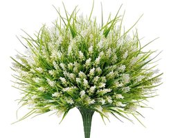 6 Bundels Kunstplanten - Nep Lavendelbloemen - Kunstgras - UV-bestendige Plastic Groenplanten - voor Tuin, Huis, Veranda, Raam, Terras, Hangende Plantenbak, Binnendecoratie,Wit