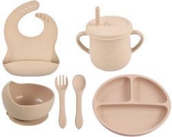 6-Delig Kinderservies set Siliconen - Baby Servies set Incl. bord met zuignap, drinkbeker met rietje, slabbetje en 1 sets Kinderbestek - Baby Bestek Siliconen - Vaatwasserbestendig - Ovenbestendig - BPA Vrij- Beige