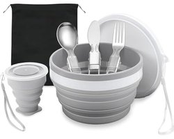 6-delig Opvouwbaar Campingservies - Roestvrijstalen Bestekset (Mes, Lepel, Vork), Beker, Kom, Bord & Netzak, ideaal voor Camping en Outdoor