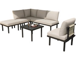 6-delig Tuin Loungeset - Tuinmeubelset - Voor Buiten & Terras - Met Glazen Tafelblad & Kussens - Touwgaas & IJzeren Frame