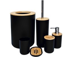 6-Delige Badkamer Accessoires Set – Zwart/Beige met Bamboe Details