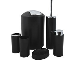 6-delige badkamerset - zeepdispenser, wc-borstel, zeepbakje, cosmetica-emmer en tandenborstelbeker - mat zwart - badkameraccessoires bathroom accessories set