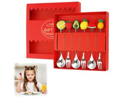 6-delige bestekset - Dessertlepel - Fruitvork - Voorgerechtenlepel - Roestvrijstalen bestek - Koffieroerlepel - Fruitpatroon - Saladevork - Verpakt in geschenkdoos - Voor fruit, yoghurt, voorgerechten, koffie (16 cm - zilver)