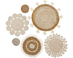 6-delige Boho-wandmand decoratieset - Gevlochten platte manden voor wandbekleding - Bank en nachtkast decoraties - Scandinavisch design - Natuurlijke tinten - Woondecoratie met Bohemian uitstraling