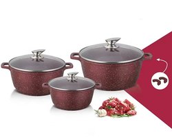 6-delige Casserole Pannenset – Inductie & Gas – Aluminium Kookpannenset met Marmeren Non-Stick Coating – Glasdeksel – Luxe Design – 20cm, 24cm, 28cm