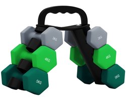 6-delige dumbbell set 2x3kg 2x4kg 2x5kg met rek, hexagonale halters in grijs/groen/turquoise, metalen kern met kunststof coating, anti-rol design, geschikt voor krachttraining thuis en fitness, inclusief stabiel en multifunctioneel opbergrek