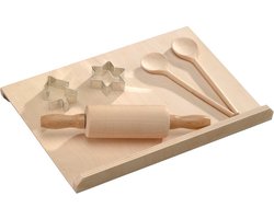 6-Delige FSC® Beuken Houten Kinderbakset - Kinder Taart - Gebak Bak Set - Bak Rol Plaat - Deegroller - Lepels - Uitsteek vormpjes
