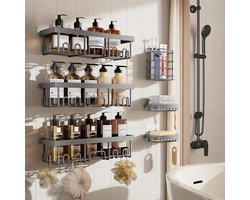 6-delige Grijze Doucherek Set – RVS Wandplanken Zonder Boren – Extra Ruime Badkamer Organizer – Inclusief Zeepbakje & Tandenborstelhouder – 40% Meer Capaciteit