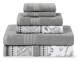 6-delige handdoekset met jacquard en effen kleuren - badhanddoeken, handdoeken en washandjes
