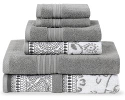 6-delige handdoekset met jacquard en effen kleuren - badhanddoeken, handdoeken en washandjes