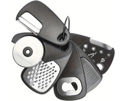 6-delige Keukengereedschapset - Flessenopener - Rasp - Multifunctioneel - Opvouwbaar - Compact - 430 RVS - 12.9×7.1×4.8 cm - Geschikt voor keuken, koken, bakken, buiten koken, picknicken, kamperen en dagelijks gebruik - Zwart