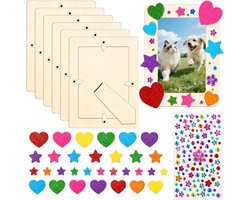 6-delige knutselset met fotolijsten voor 4 x 6 inch foto's - Onbeschilderde houten lijsten voor DIY decoratie, inclusief diamant- en schuimstickers voor schilderen en versieren, creatief knutselen, hobbyprojecten, en kinderkunst